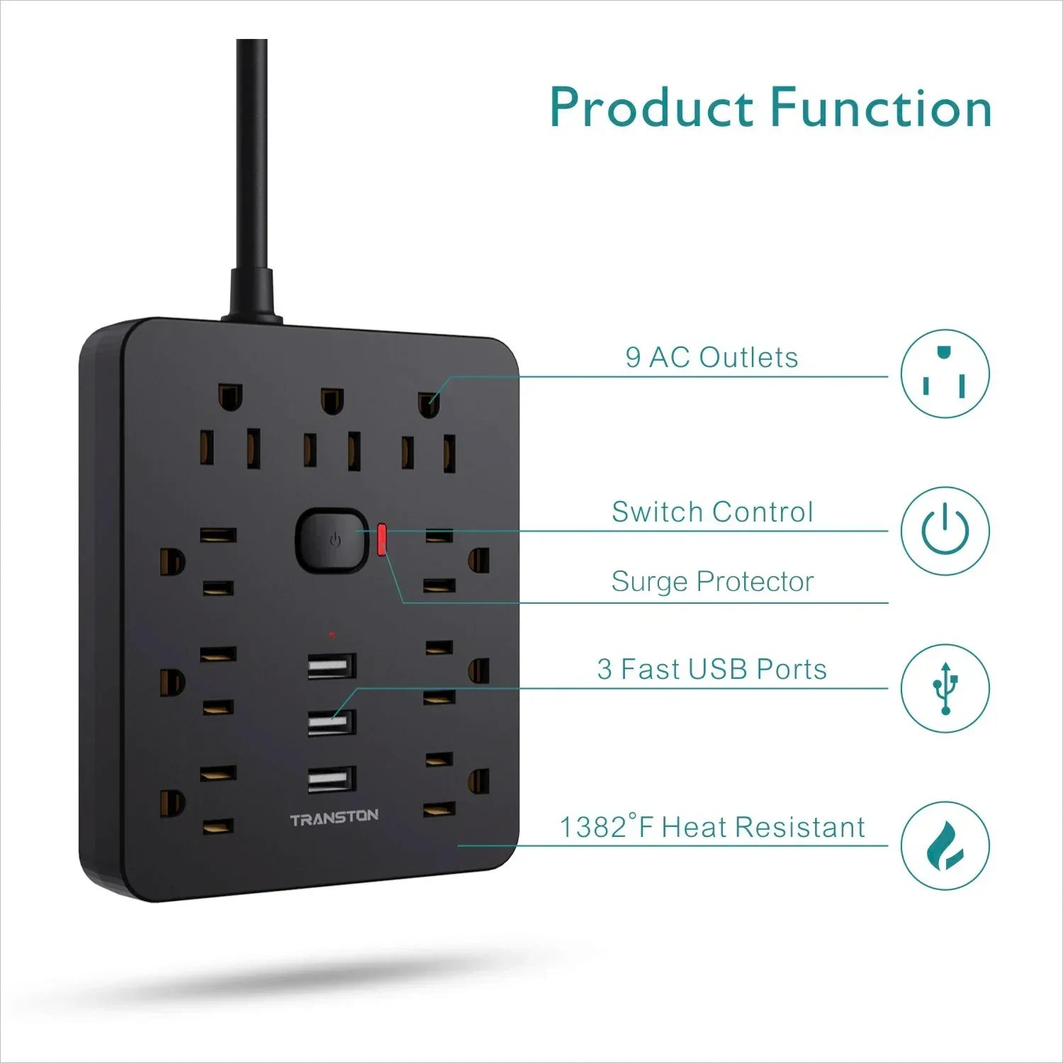 TRANSTON 9 outlet power strip surge protector with 3 USB ports and 5ft extension cord, features diagram.