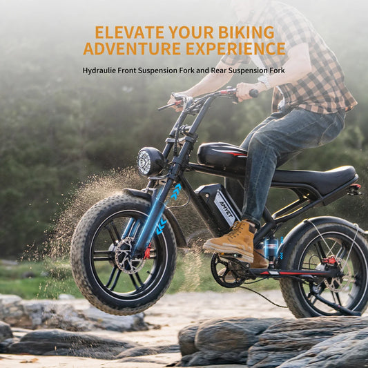 AMYET S6 Electric Bike off-road with dual motor, hydraulic suspension, and removable battery riding on rocky terrain