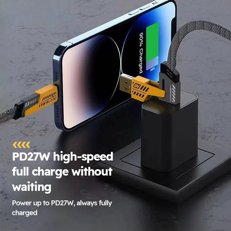 4 in 1 Fast Charging Cable USB A Type C Dual Connector Nylon Braided PD 65W 27W for iPhone/Android/Xiaomi
