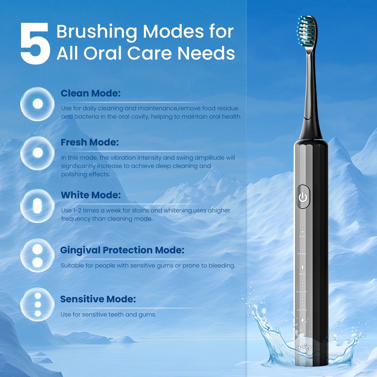 Electric Toothbrush Rechargeable with 8 Heads 5 Modes