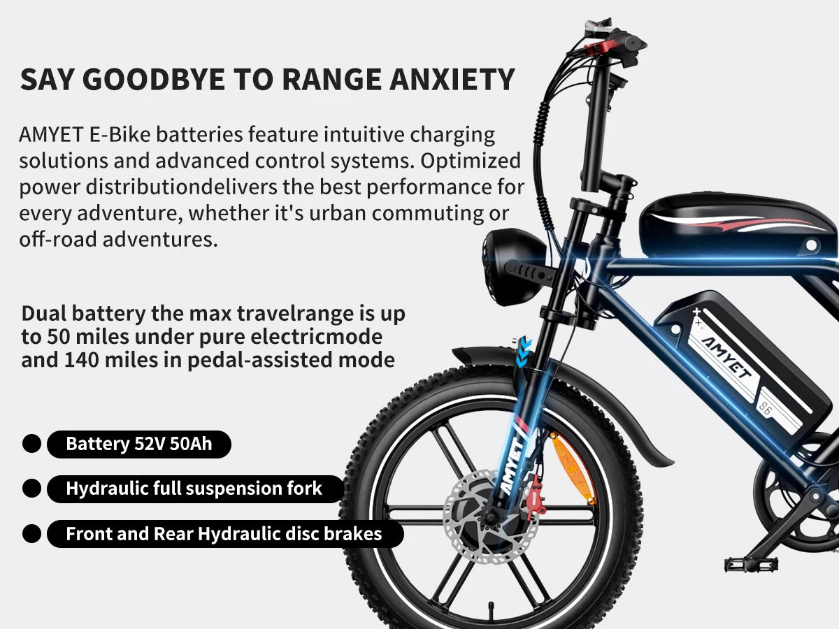 AMYET S6 Electric Bike for Adults Dual Moter Peak 3000W,52V 50AH Removable Dual Battery,140 Miles,32MPH Electric Motorcycle Bike