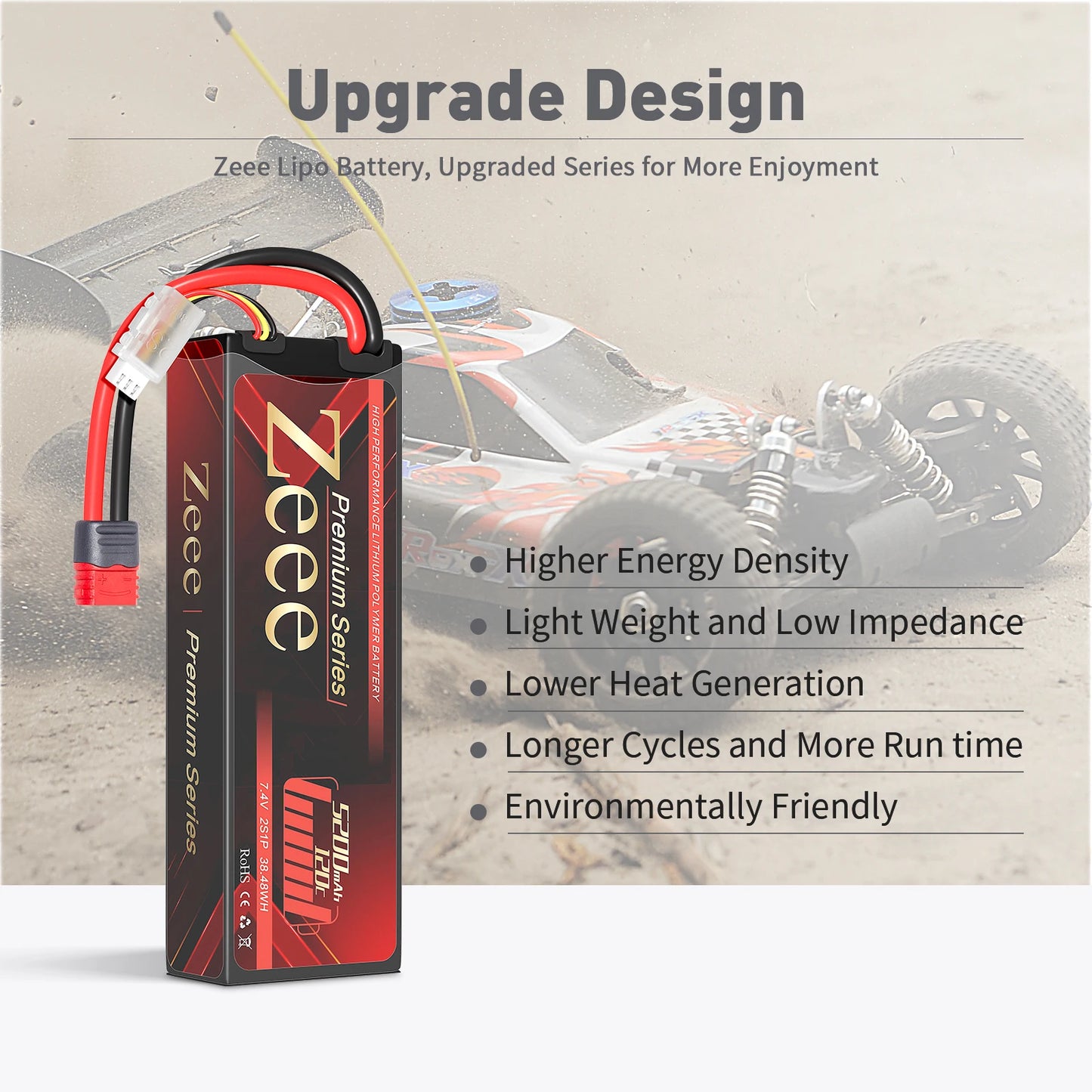 2pcs Zeee 2S Lipo Battery 5200mAh 120C Hardcase with T Plug for RC Car 1/8 1/10 Vehicles Premium Series