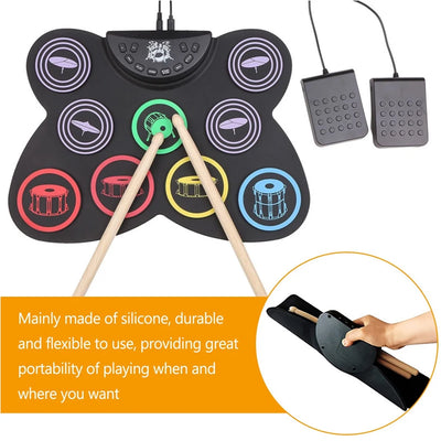 Folding Music Drums Hand Roll USB Electronic Silicon Drum Portable Practice Drums Kit 7-Pad Kit With Drumsticks Sustain Pedal