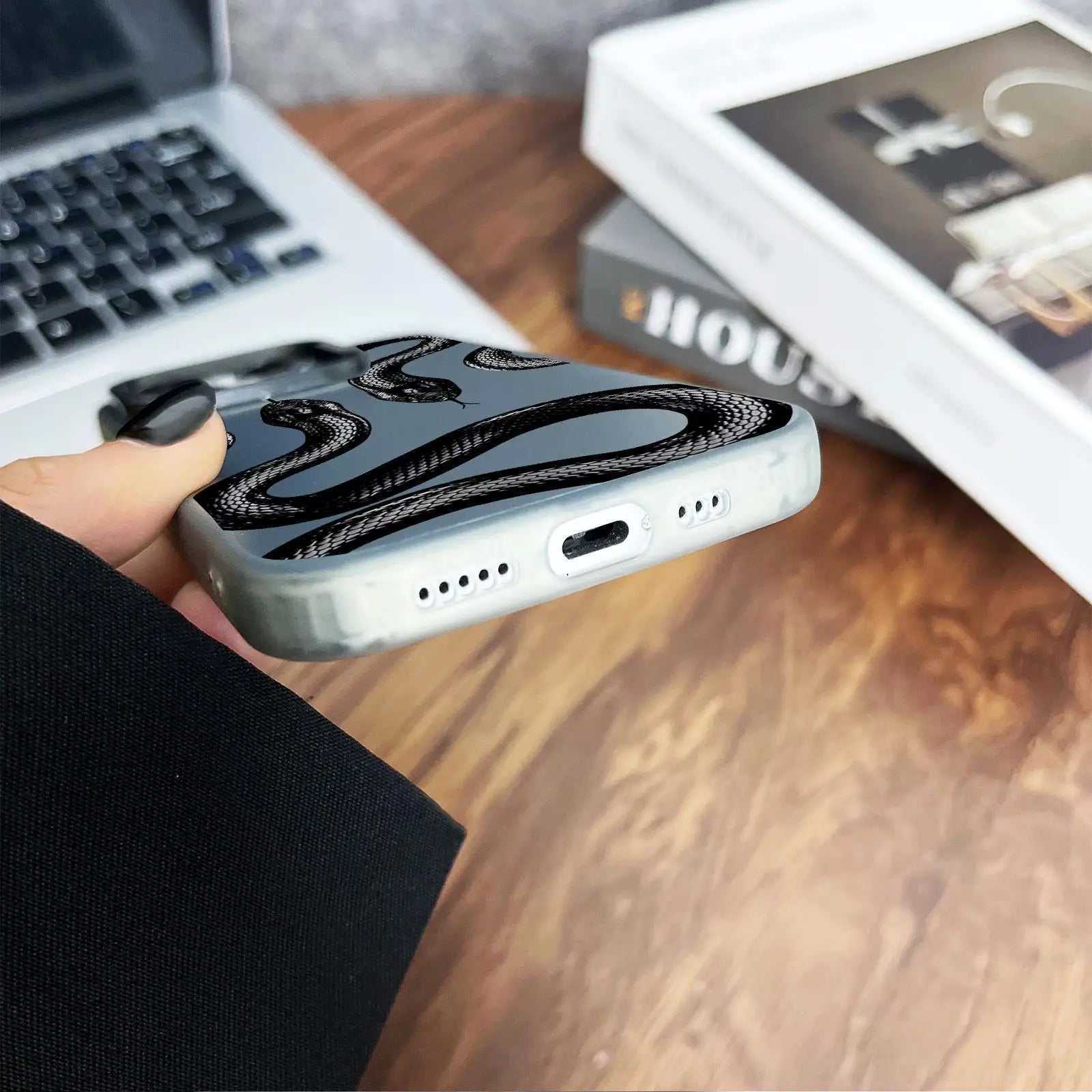 Snake pattern anti-drop phone case for iPhone 12 to 16 Pro.