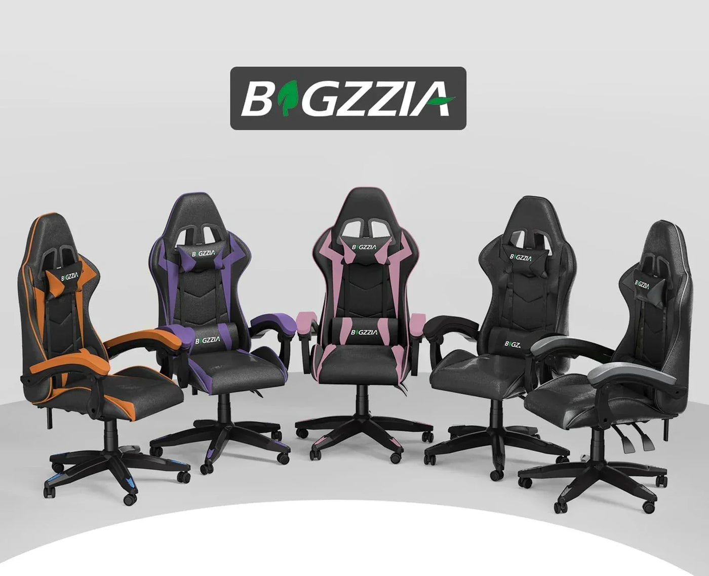 Office/gaming chairs in various colors with PU leather, headrest, and lumbar support.