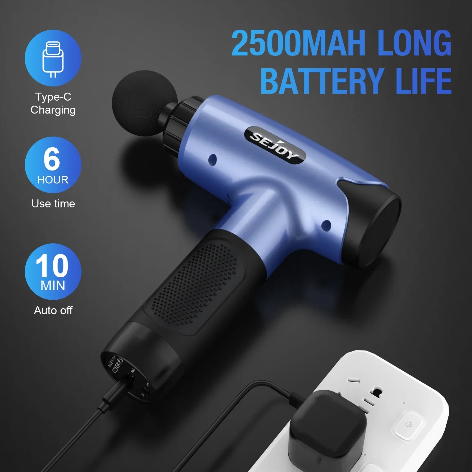 Sejoy Fascia Gun 30 Speed Massager with LED and 10 Heads, blue, showcasing Type-C charging, 2500mAh battery life.