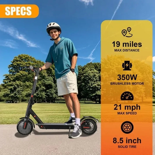 Young man standing with foldable electric scooter outdoors with specs highlighting 19 miles range, 350W motor, 21 mph speed, and 8.5 inch tires