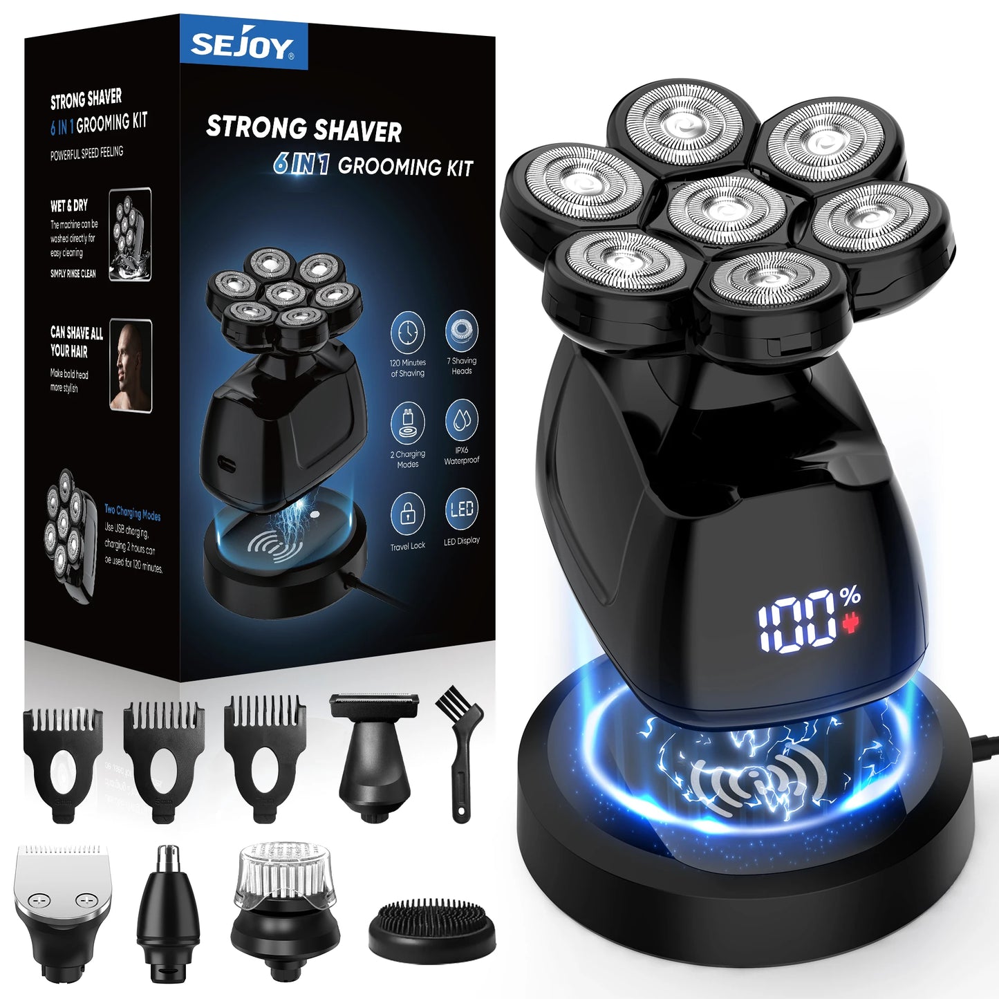 Sejoy 7D Electric Head Shaver for Bald Men Magnetic Razor & Beard Trimmer Waterproof