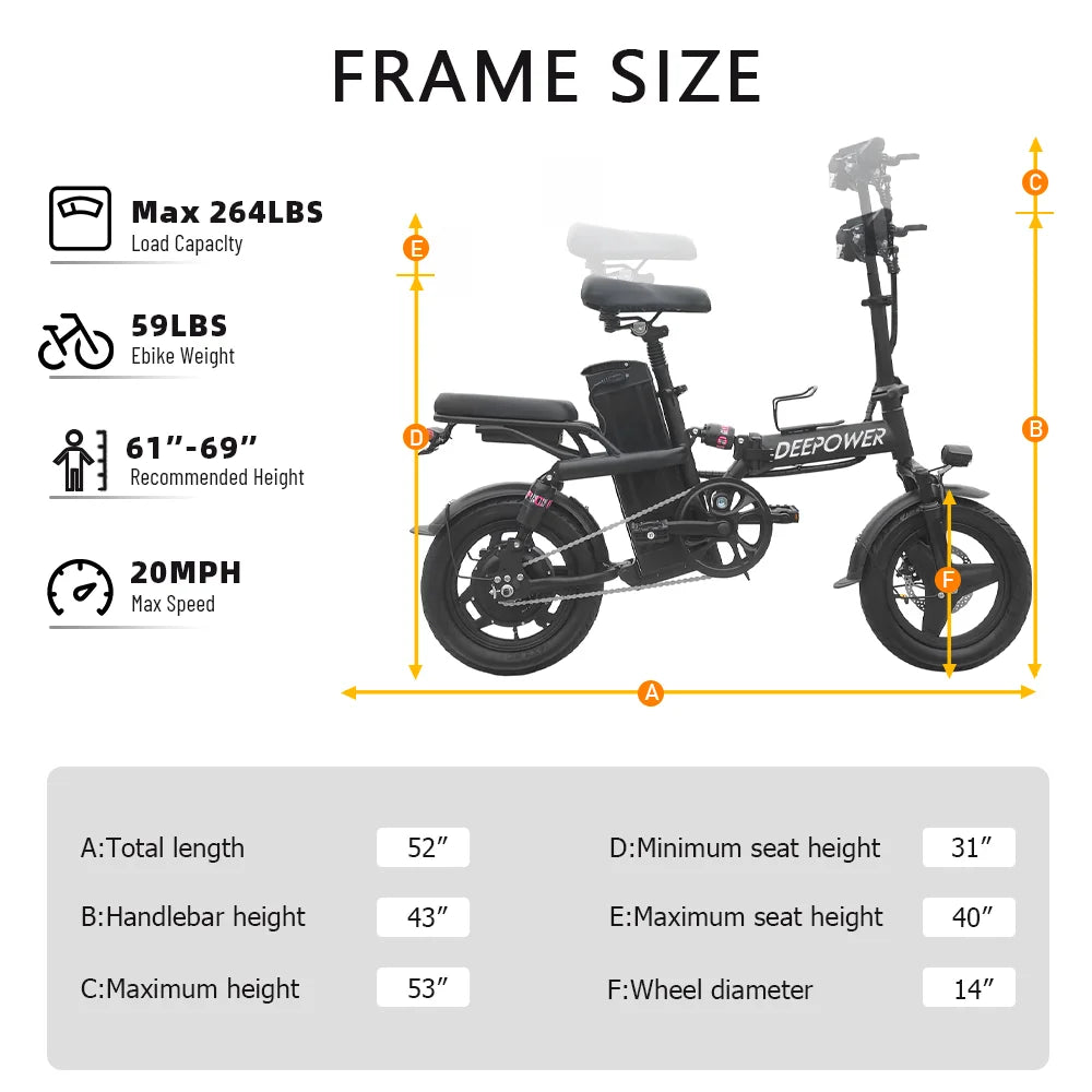Deepower 400W 48V Adult Fat Tire Folding Ebike with 14-inch wheels and aluminum alloy frame.