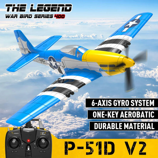 Volantex RC Mini Mustang P-51D V2 airplane with 400mm wingspan, blue and yellow design, includes 6-axis gyro system and durable material, suitable for beginners.