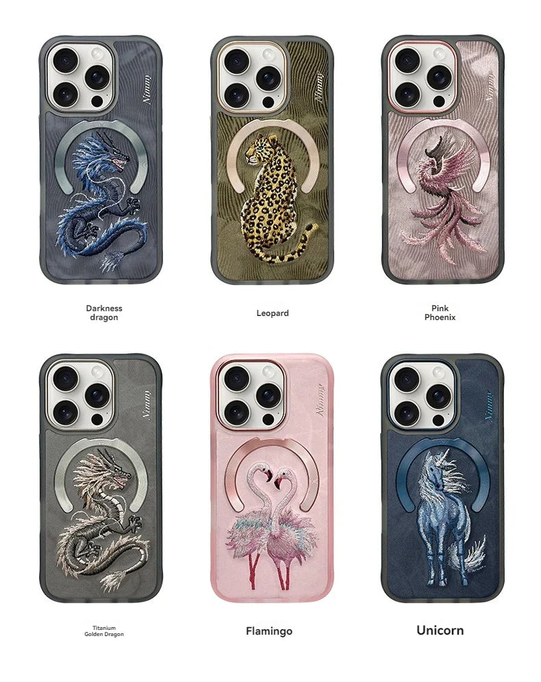 Dragon Phoenix 3D Embroidery Case for iPhone 16 Pro Max with MagSafe, featuring a detailed dragon and phoenix design, anti-fingerprint, non-slip, by NIMMY.