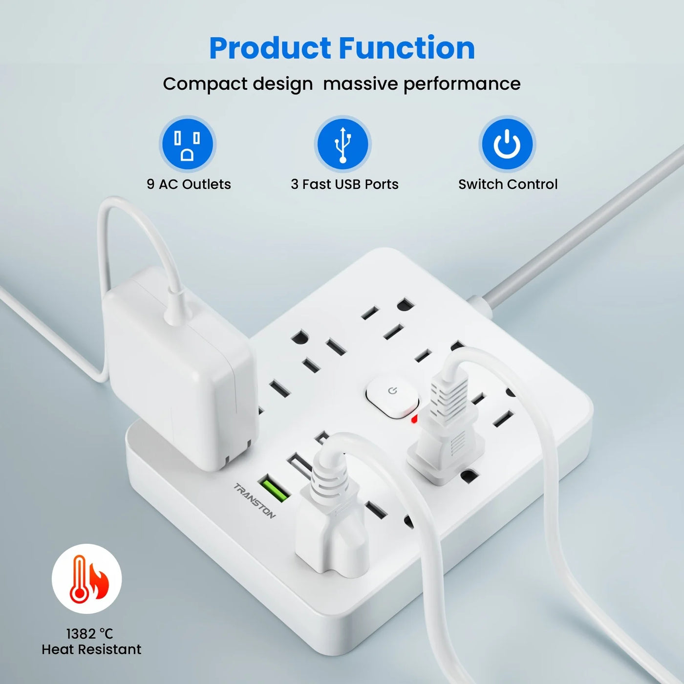 Power Strip with Surge Protector 9 Outlets 3 USB Ports 5ft Extension Cord