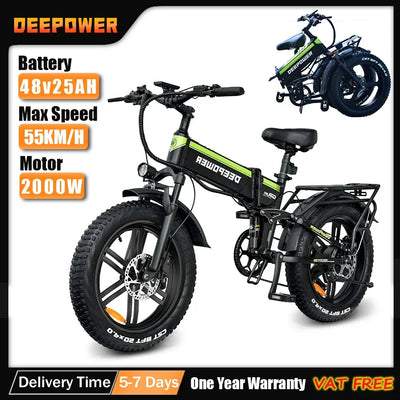 Folding electric bike with 2000W motor, 48V battery, and 55km/h max speed.