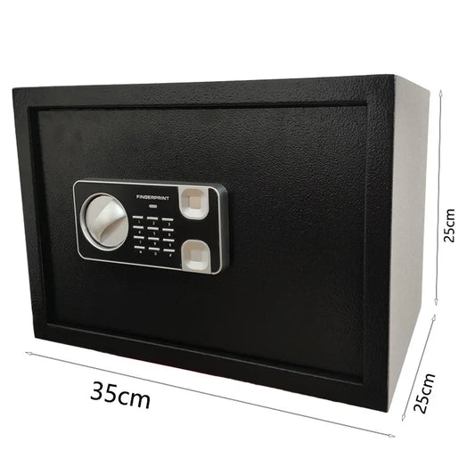 Black electronic fingerprint and password secure file cabinet safe.