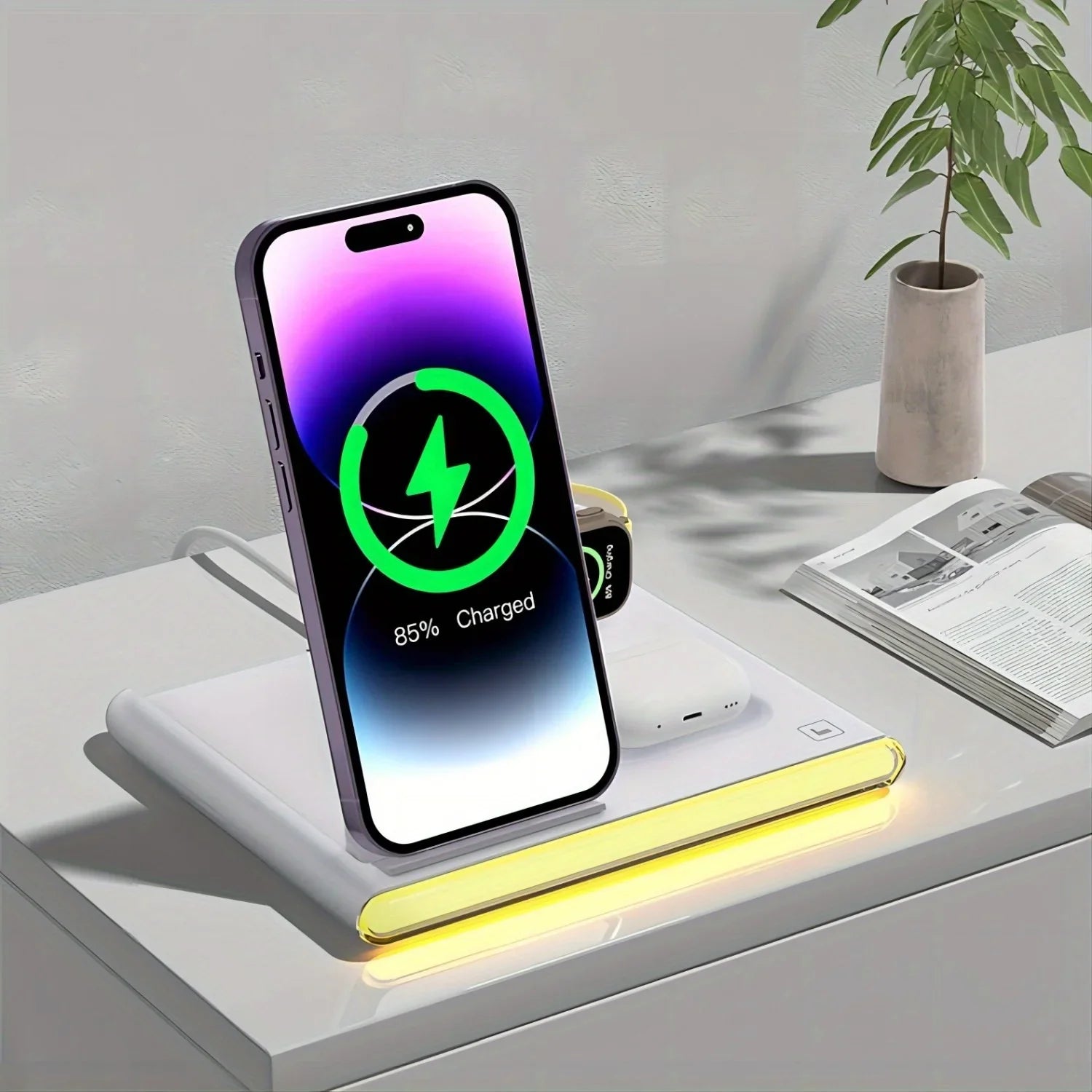 4-in-1 fast charging wireless station with phone, smart watch, and earphones charging, featuring LED light and foldable design.