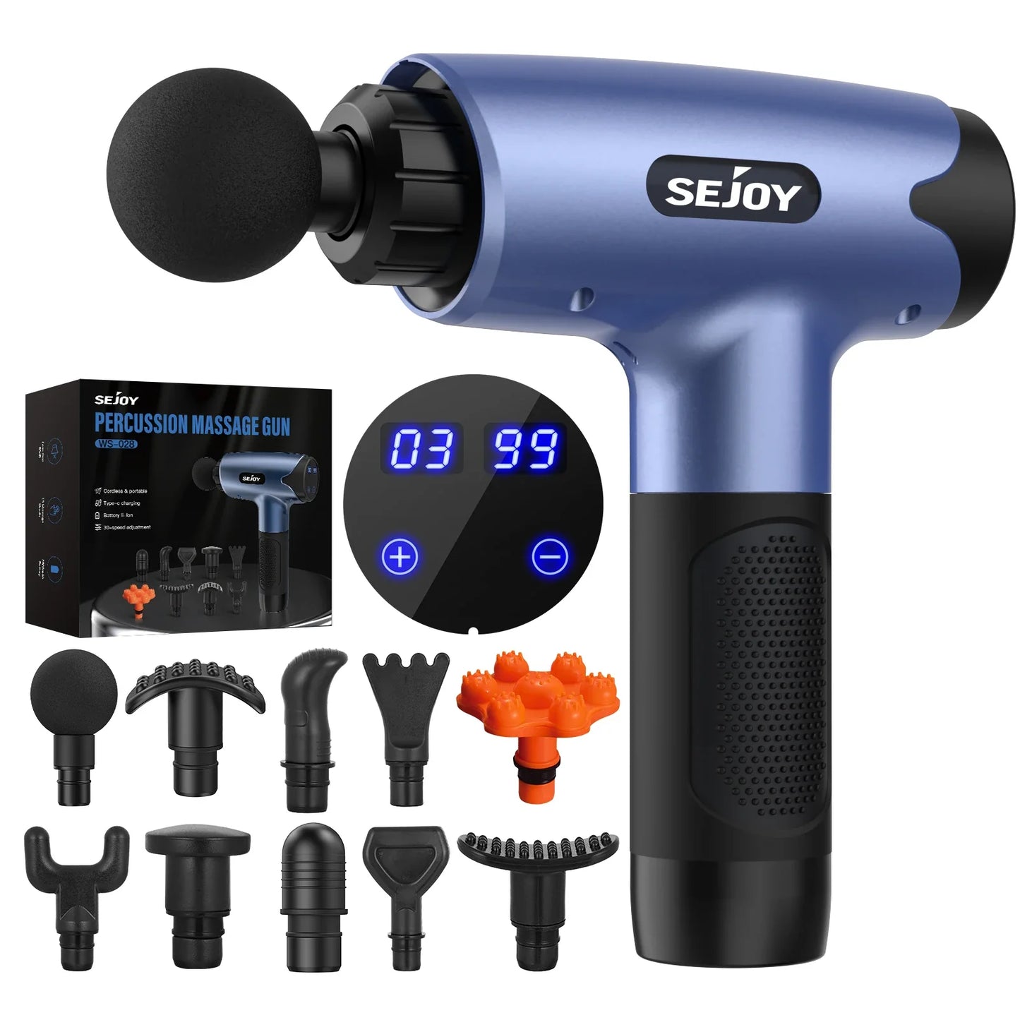 Sejoy Fascia Gun 30 Speed Massager with LED and 10 Heads in blue, featuring deep relaxation and soreness relief.