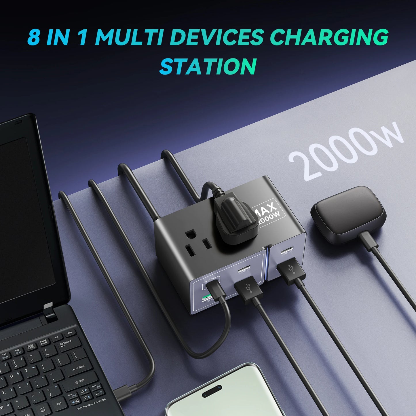 8-Port 160W GaN Charging Hub with 65W Max Output for Multiple Devices and Travel