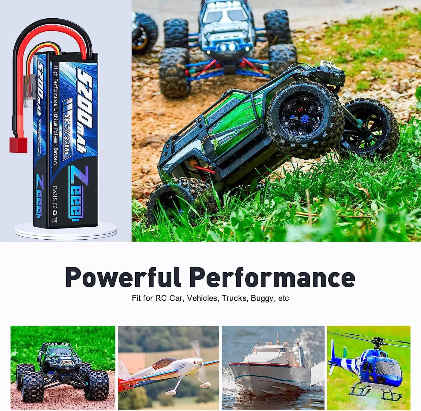 Zeee 5200mAh 2S RC Lipo Battery 7.4V 50C with T Plug for RC Vehicles