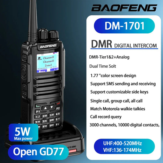 Baofeng 1701 DM-1702 dual mode digital and analog walkie talkie with GPS, dual time slot, 1.77 inch color screen, 5W power, UHF and VHF frequencies.