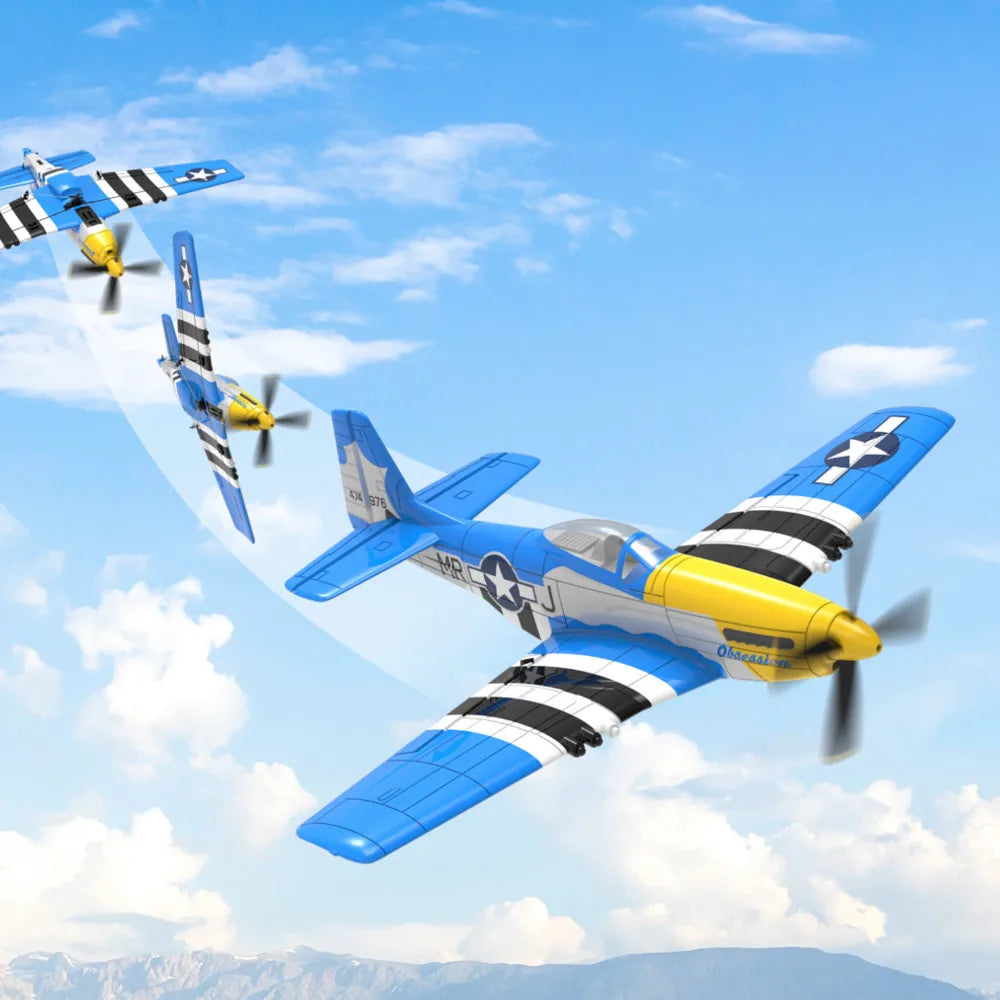 Volantex RC Mini Mustang P-51D V2 flying in a clear sky.