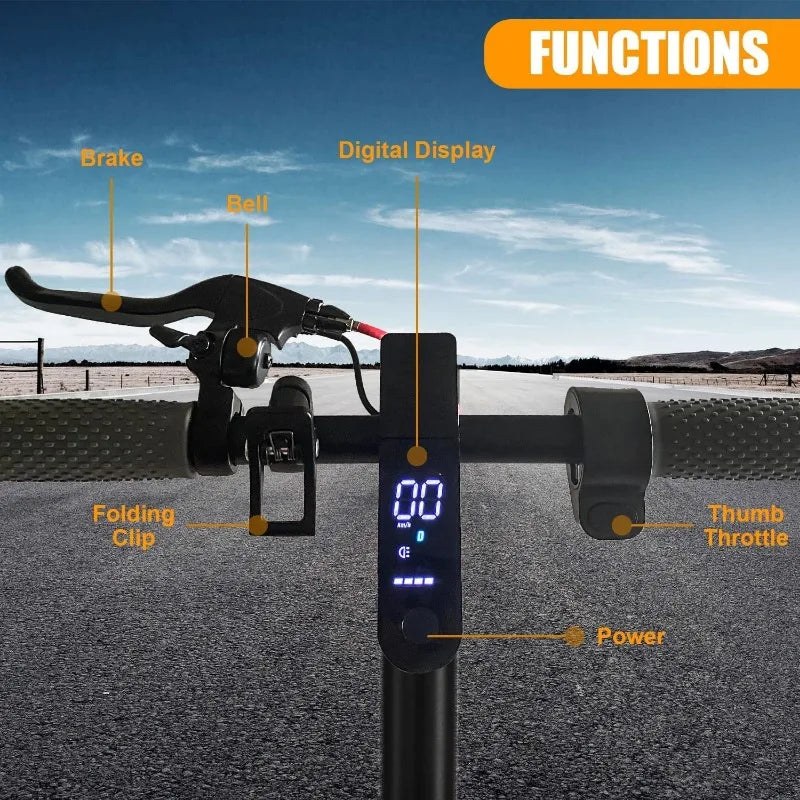Handlebar view of foldable electric scooter for adults showing brake, bell, folding clip, digital display, thumb throttle, and power button on an open road background