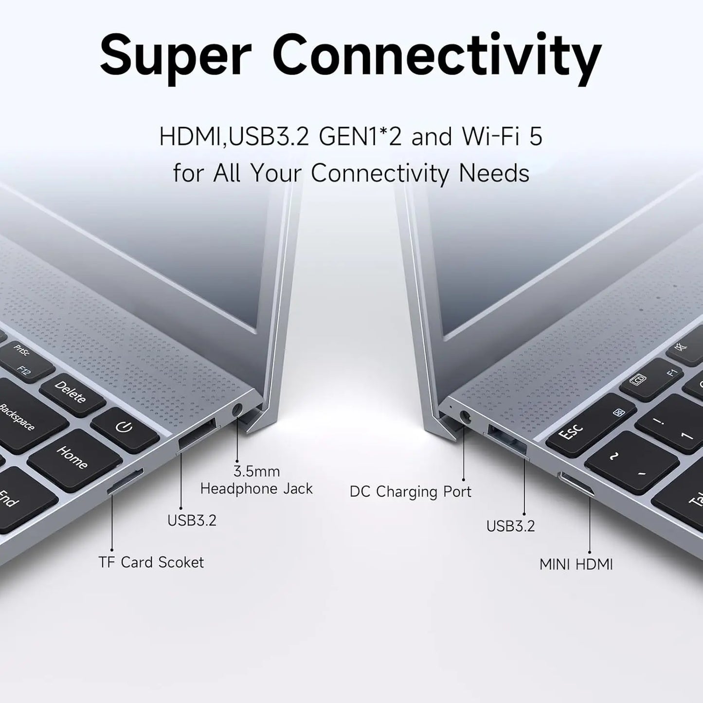 14 Inch Laptop with HDMI, USB 3.2, mini HDMI, and Wi-Fi 5 connectivity ports.