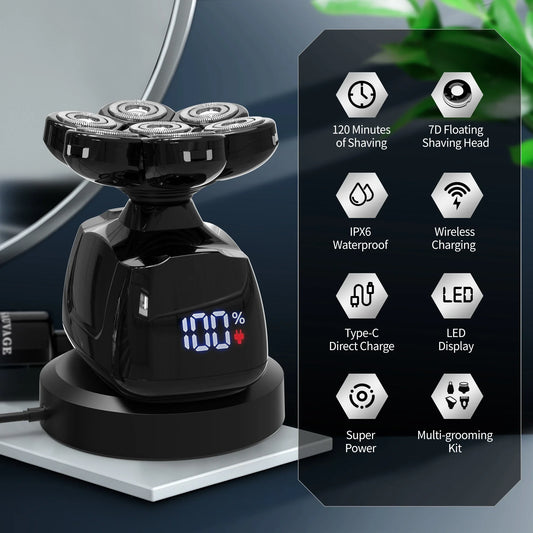 Sejoy 7D electric head shaver with floating blades, LED display, wireless charging, and waterproof design for versatile grooming