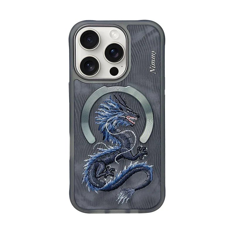 Dragon Phoenix 3D Embroidery Case for iPhone 16 Pro Max with MagSafe, magnetic and anti-fingerprint design.