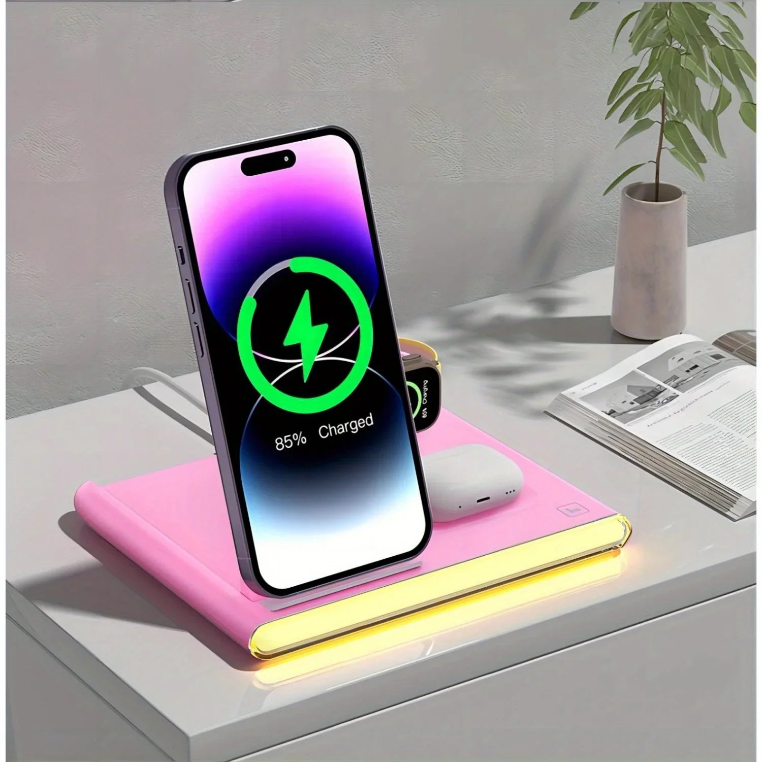 4-in-1 fast charging wireless station for phones, smartwatches, earphones with LED light and Type C connector.