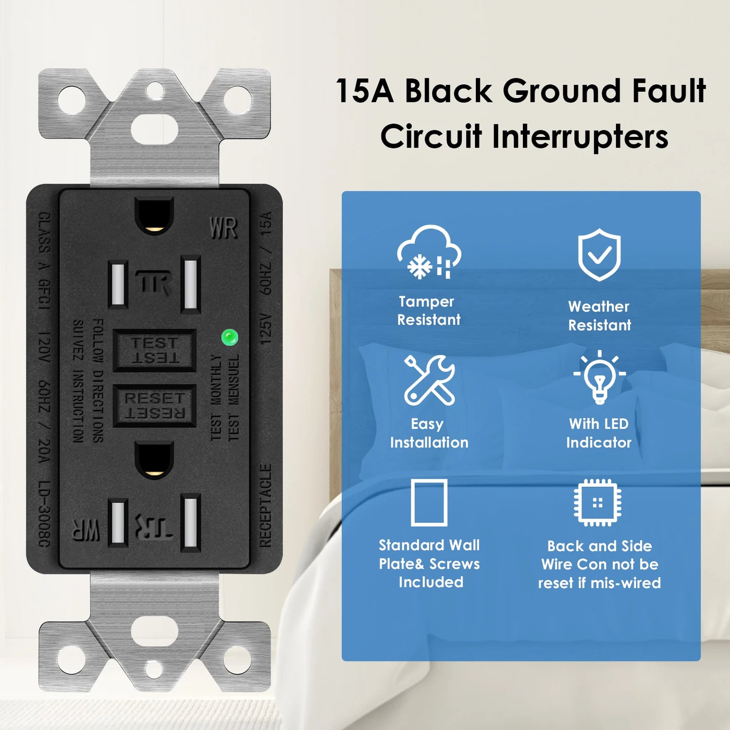 GFCI Outlet 15A 125V Black Tamper Resistant with LED