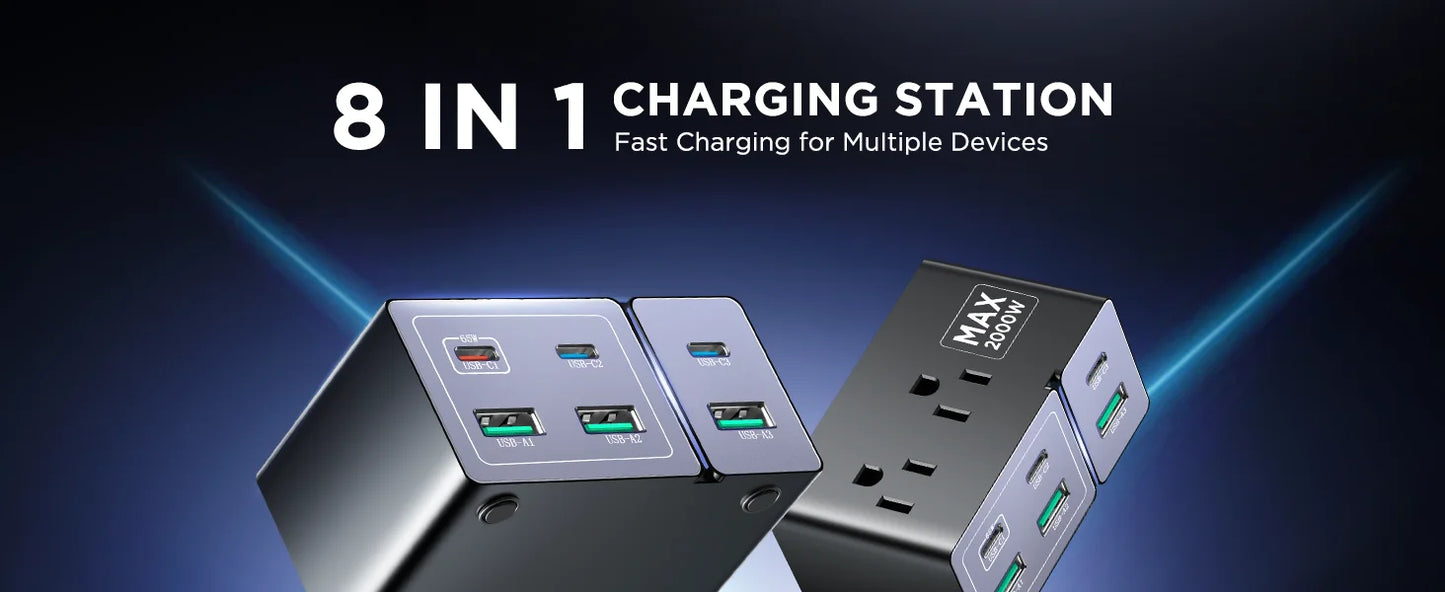 8-Port 160W GaN Charging Hub with 65W Max Output for Multiple Devices and Travel