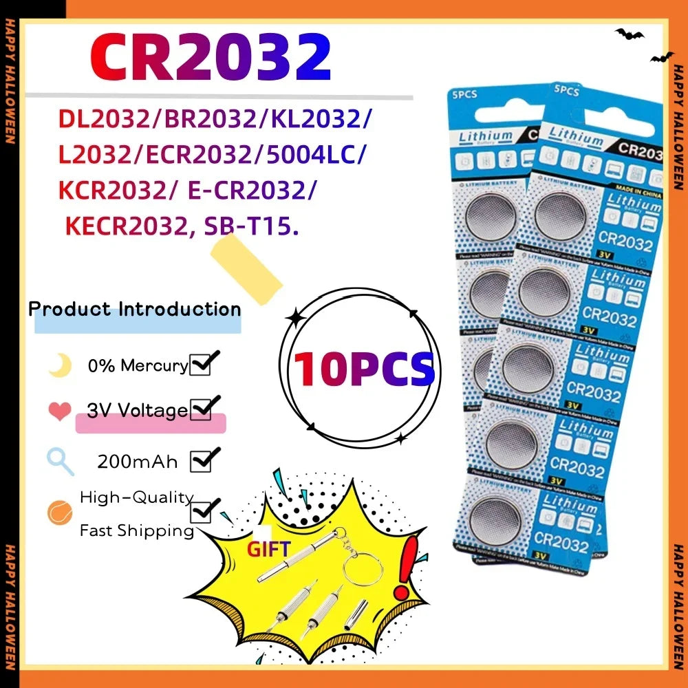 Button Coin Cells 200mAh CR2032 DL2032 ECR2032 3V Lithium Battery, 10-pack with CE certification, zinc/manganese dioxide type.