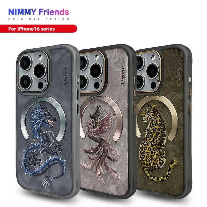 Dragon Phoenix 3D Embroidery Case for iPhone 16 Pro Max with MagSafe, anti-fingerprint, non-slip design by NIMMY.