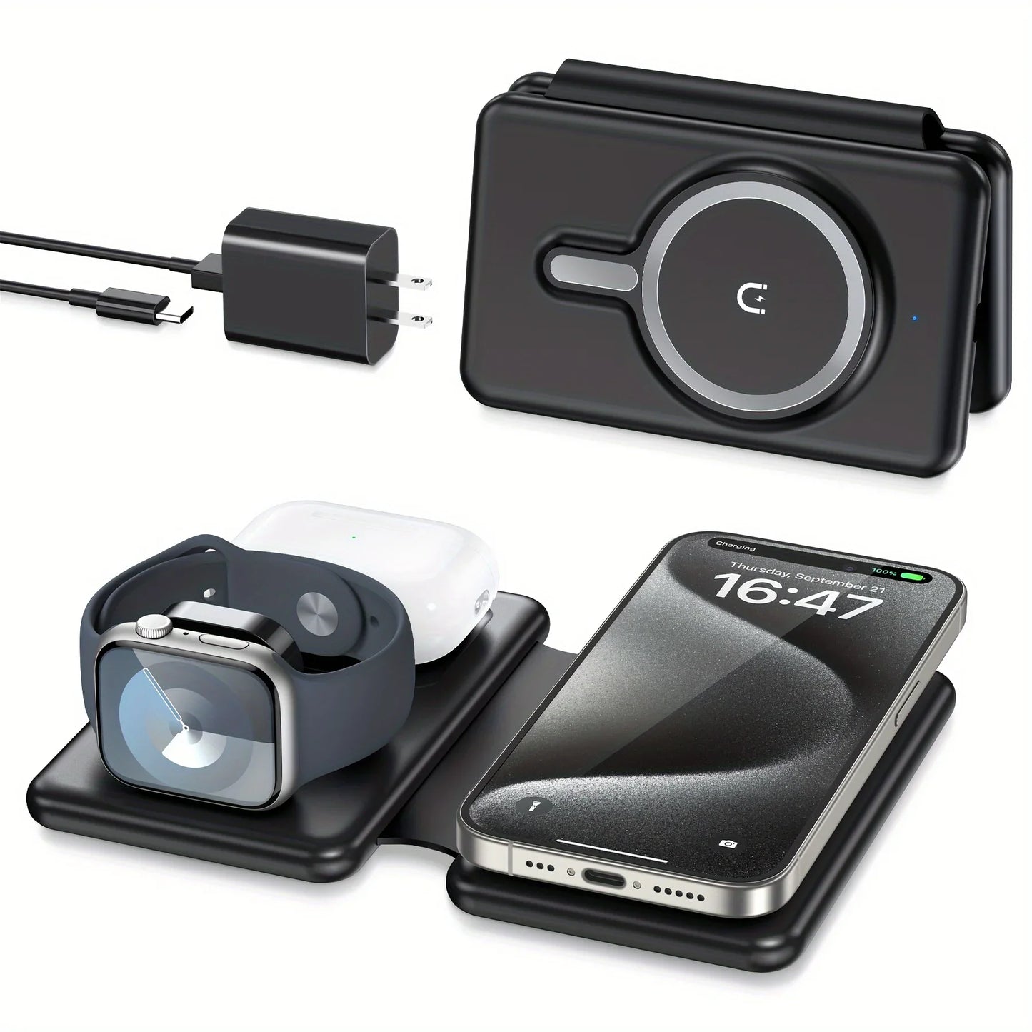3-in-1 wireless charger travel charging station for phones, smartwatches, and earphones.