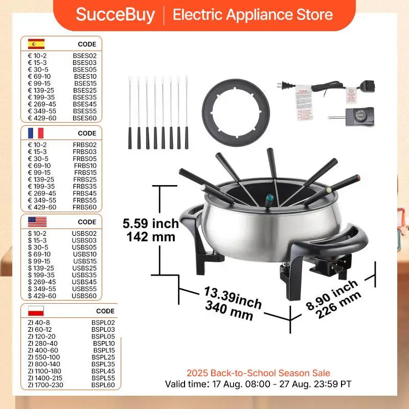 SucceBuy 1000W electric fondue pot 3QT stainless steel with six forks and temperature control knob