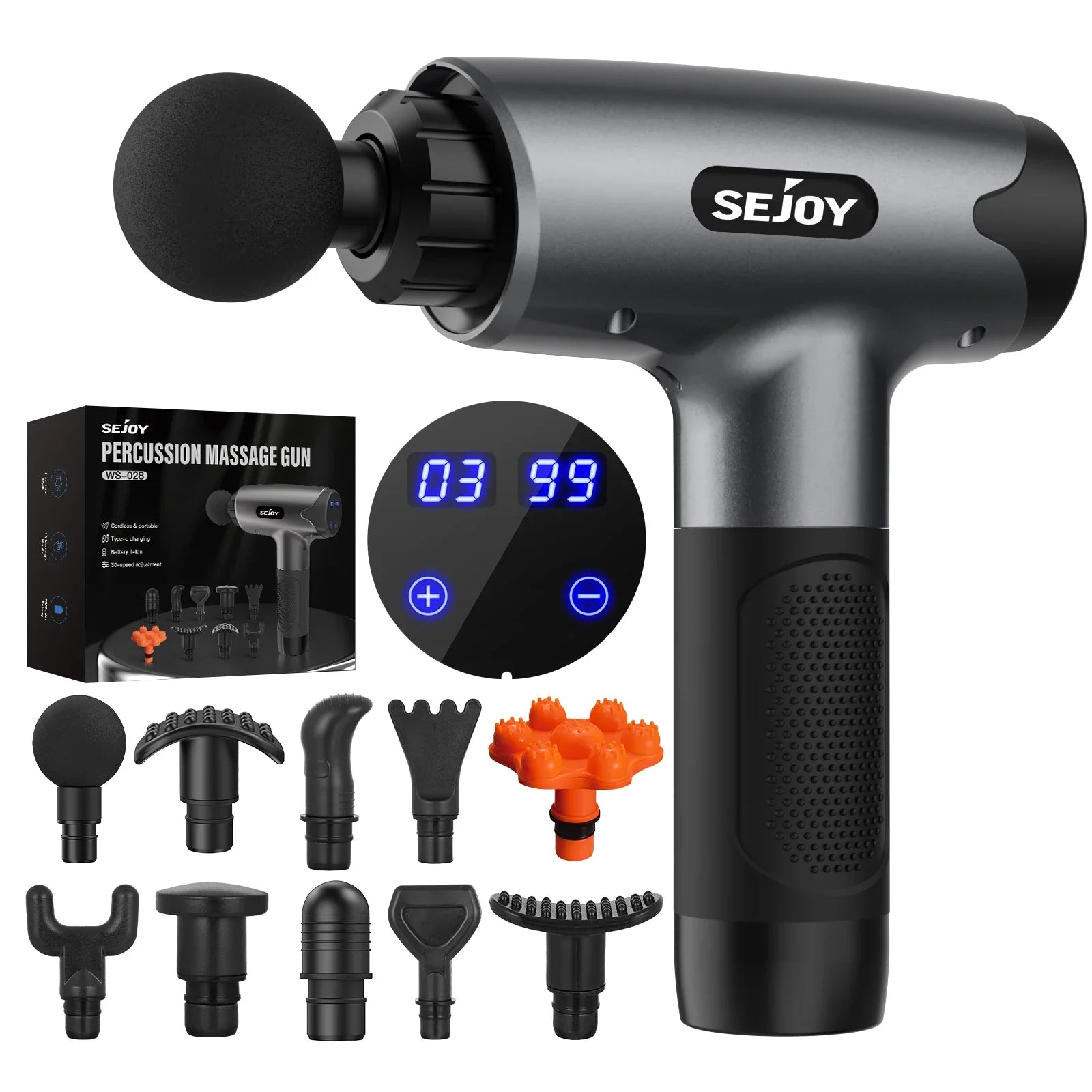 Sejoy Fascia Gun 30-speed massager with LED display and 10 interchangeable heads for deep massage and fatigue relief.