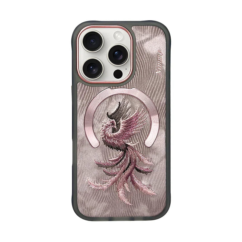 Dragon Phoenix 3D Embroidery Case for iPhone 16 Pro Max with MagSafe, featuring non-slip texture and anti-fingerprint design.