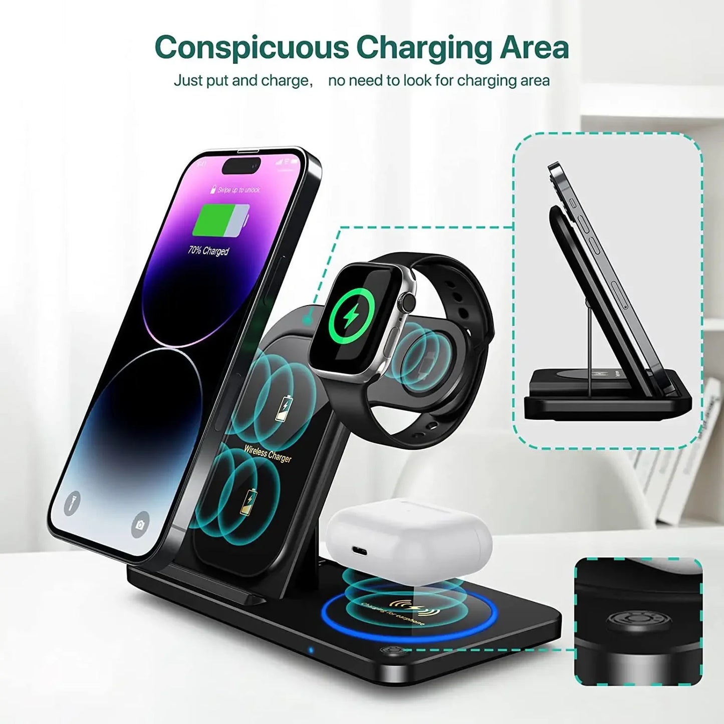 30W LED Fast Wireless Charger 3 in 1 Foldable Stand