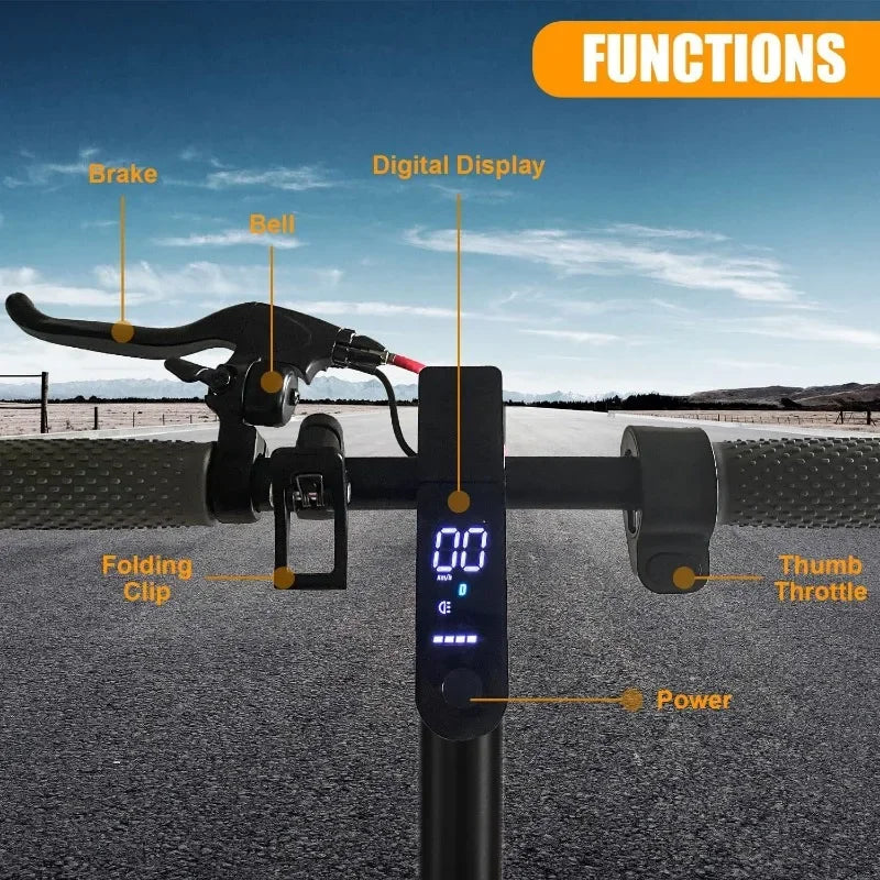 Foldable electric scooter handlebar with brake, bell, digital display, folding clip, thumb throttle, and power button on a road background
