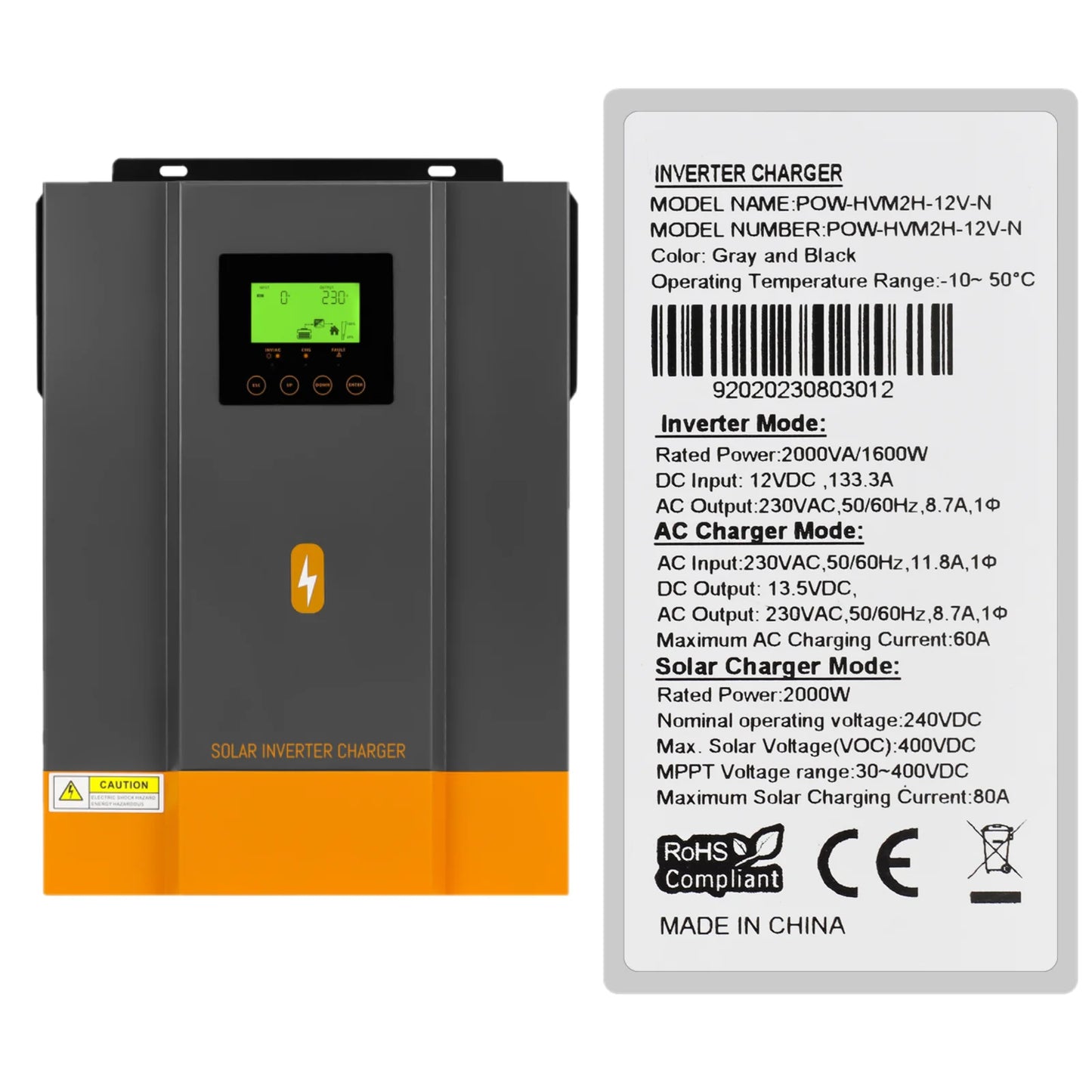 PowMr 2000W 12V Hybrid Solar Inverter with Built-in 80A MPPT Solar Charger 220V Pure Sine Wave Output