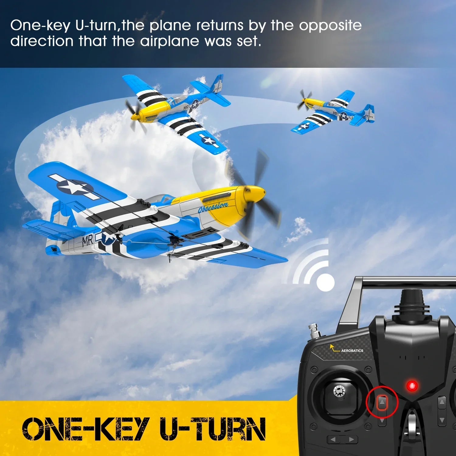 Volantex RC Mini Mustang P-51D V2 with one-key U-turn feature and remote control, ideal for beginner pilots, 400mm wingspan.