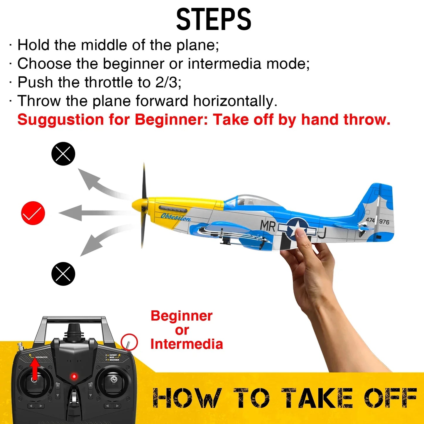 Volantex RC Mini Mustang P-51D V2 with 400mm wingspan and beginner mode takeoff instructions.